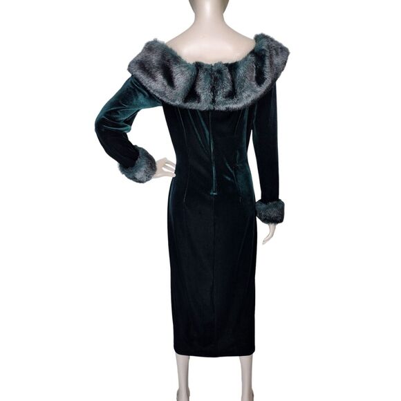 Vintage 80s 90s Aspeed Green Velvet Faux Fur Volump Bombshell Party Dress NEW - Picture 5 of 9